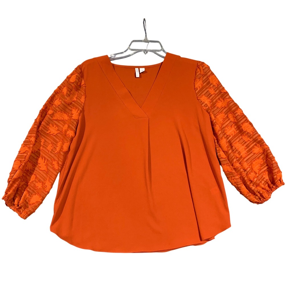Cato Womens Orange Blouse‎ Size M V Neck 3/4 Sleeve Textured